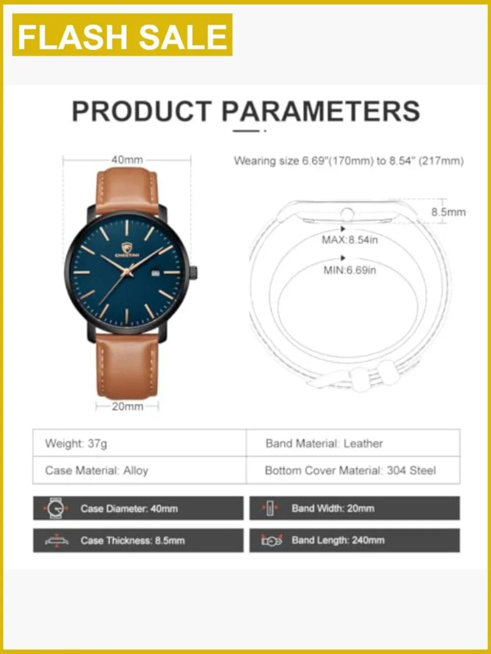 Men's Minimalist Quartz Watch with Leather Strap, Blue Dial